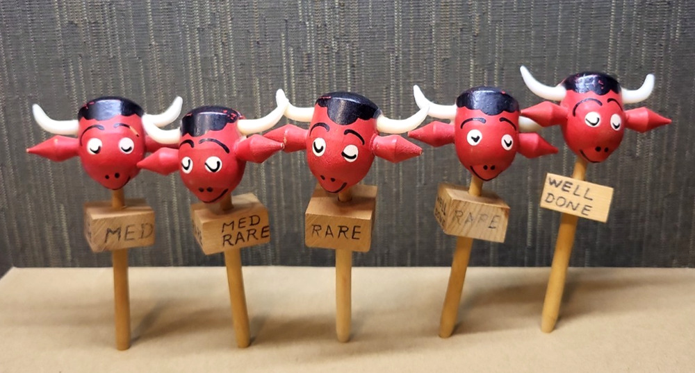 Vintage Set of 5 Red Bull Steak BBQ Meat Markers, Japan 4 inch Toothpicks